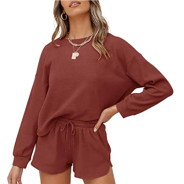 Round Neck Homewear Casual Long Sleeve Drawstring Suit Brick Red - Shop at LoveMi