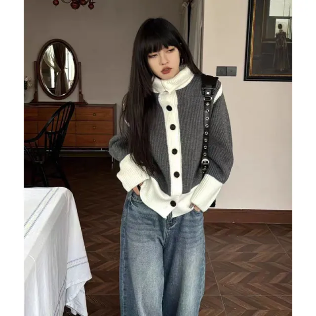 Design Sense Niche Contrast Color Thick Knit Cardigan Coat Gray - Shop at LoveMi