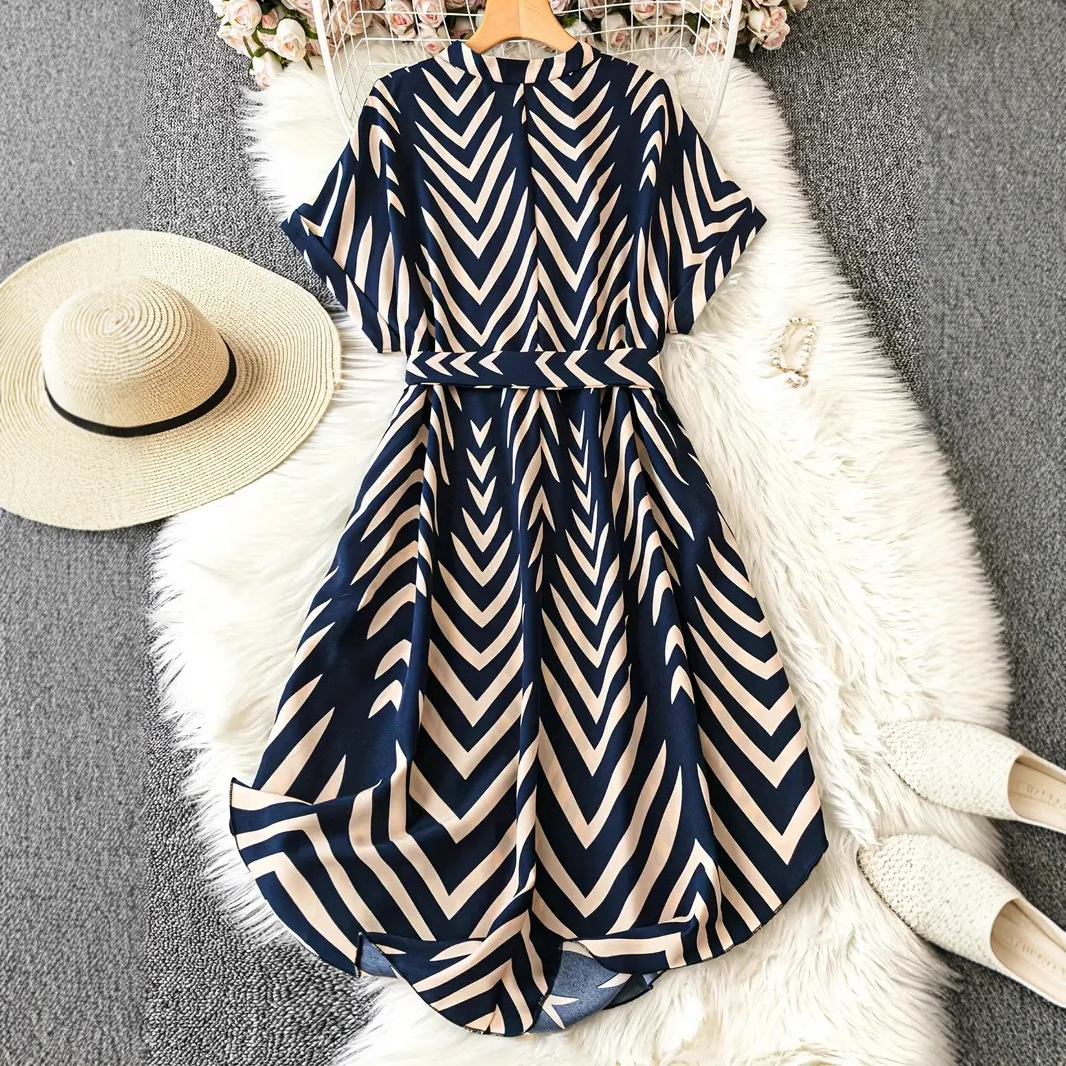 Elegant Vacation Style Springsummer Irregular Striped Midi Dress