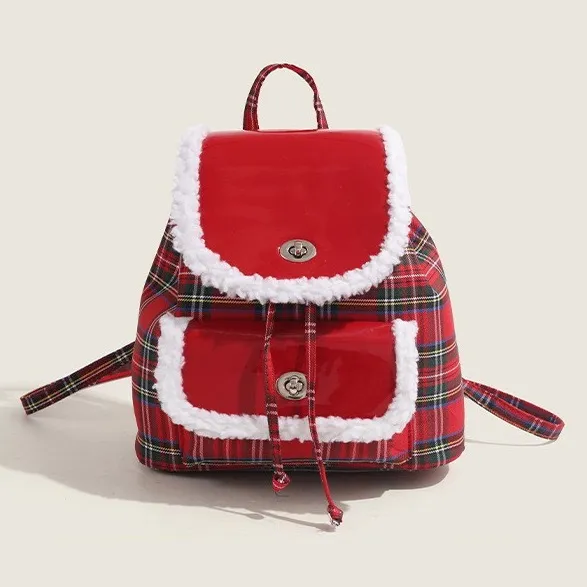 Trendy Lightweight Red Plaid Lamb Wool Commuting Handbag Red - Shop at LoveMi
