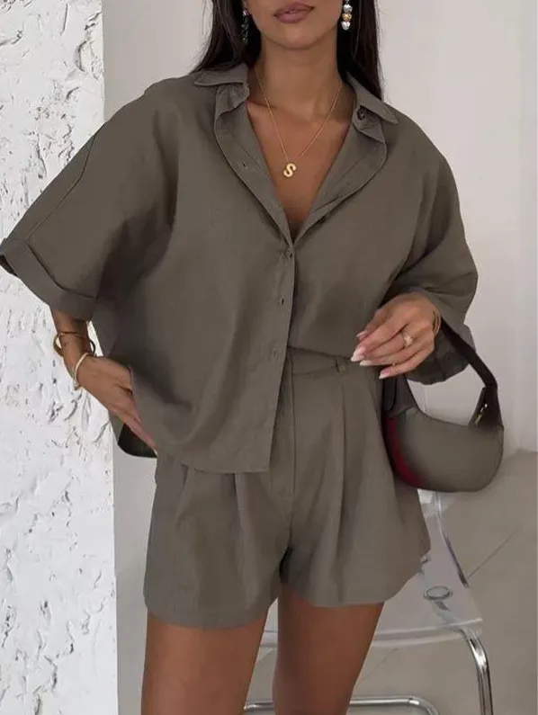 Fashion Polo Collar Half Sleeve Top And Shorts Two piece Set Gray - Shop at LoveMi