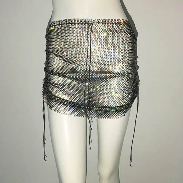 Punk Rhinestone Spaghetti Strap Bra Music Festival Top Black Short Skirt - Shop at LoveMi