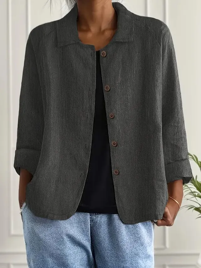 European And American Cotton And Linen Shirt Women's Casual Slimming Cardigan Coat Dark Gray - Shop at LoveMi