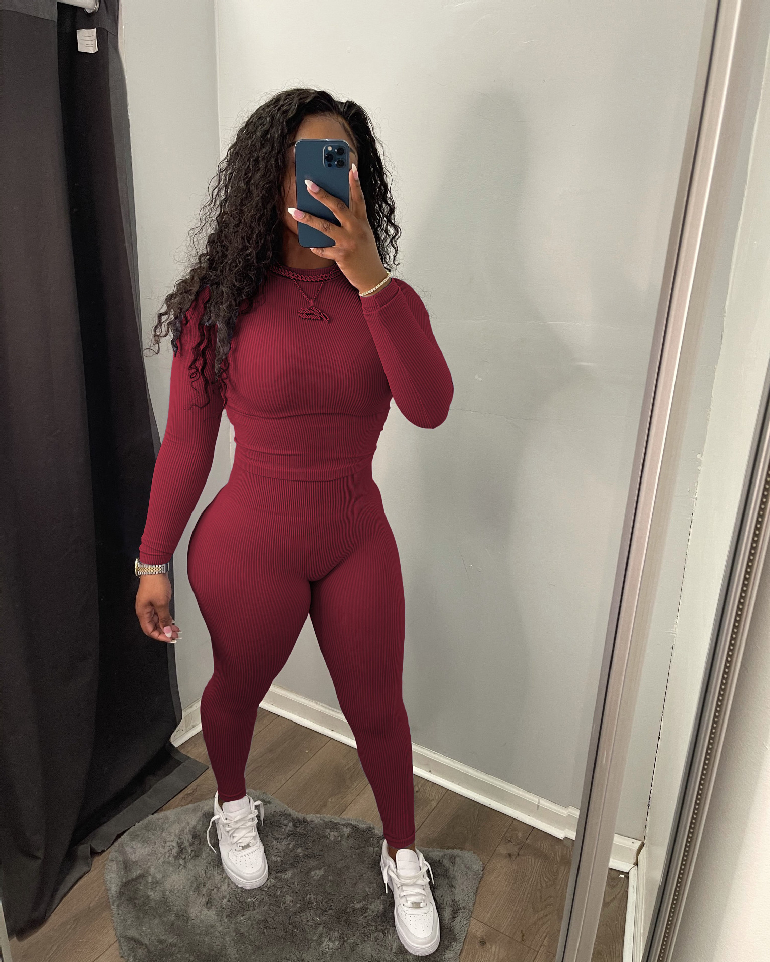 Rib Fabric Thread Fitted Long Sleeve Trousers Suit Wine - Shop at LoveMi