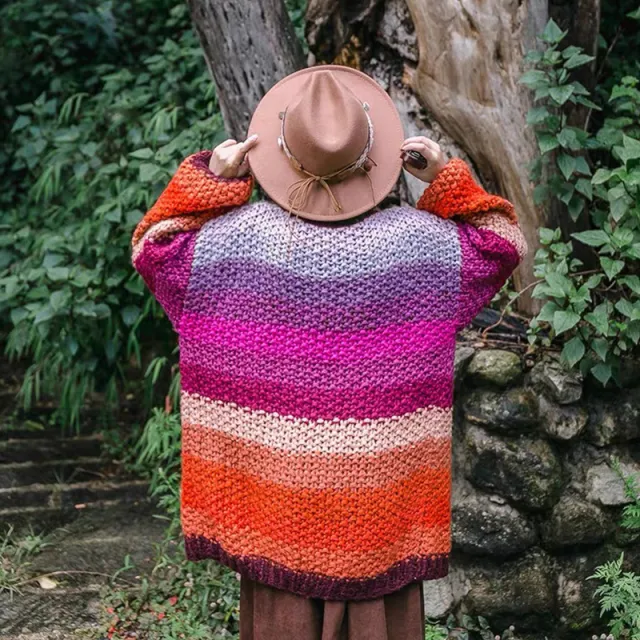 Thick Needle Sweater Coat Rainbow Striped Contrast Color Sweater Cardigan Orange - Shop at LoveMi