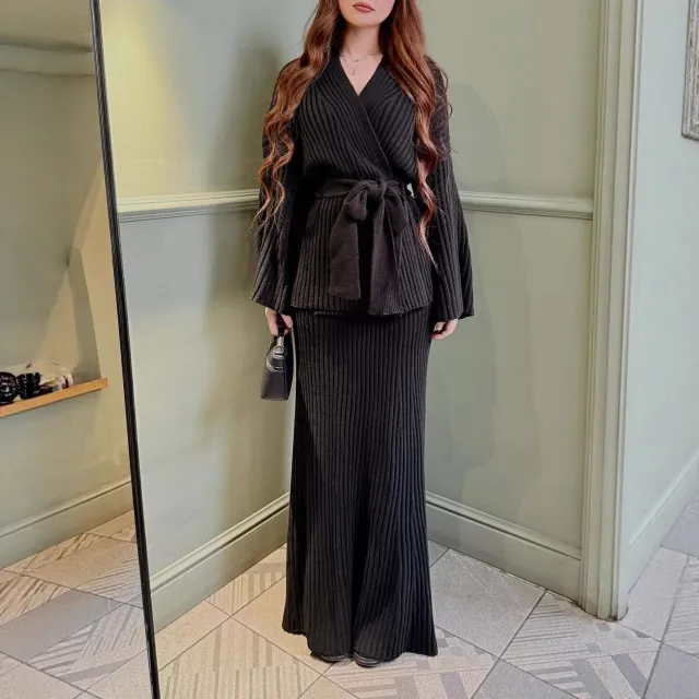 New V neck Ribbed Sweater Knit Wrap Dress With A Straight Skirt And A Bow Tie Black - Shop at LoveMi