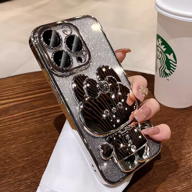 Electroplated Rabbit Stand Phone Case With Makeup Mirror Gradient Protective Cover 5