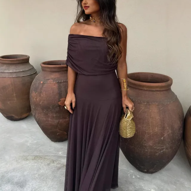 Women's Tube Top Mesh Slim Fit Patchwork Temperament Dress Coffee - Shop at LoveMi