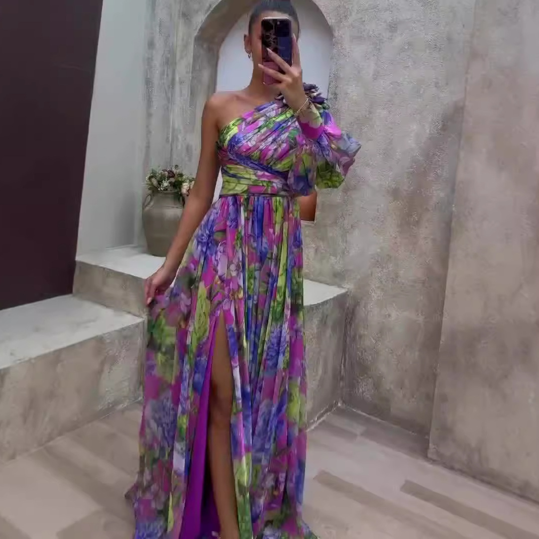 Women's Fashion Printed Diagonal Collar And Embroidered Shoulder Sleeve Dress — image 1