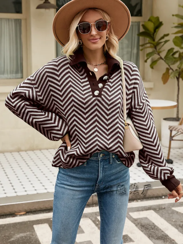 Striped Sweater Women's Long sleeved Lapel Coffee - Shop at LoveMi