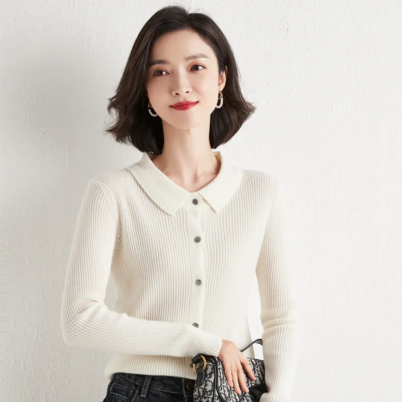 Polo Collar Slim Fit Slimming Long Sleeves Top Breasted Cardigan - White