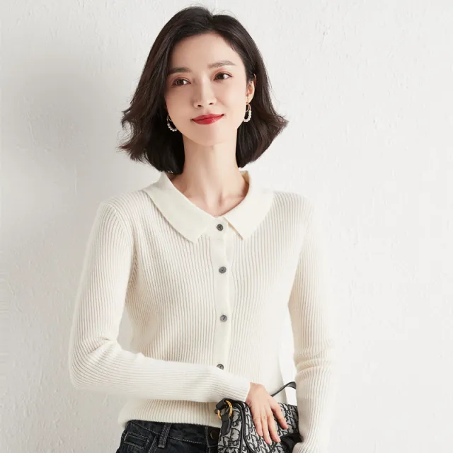 Polo Collar Slim Fit Slimming Long Sleeves Top Breasted Cardigan White - Shop at LoveMi