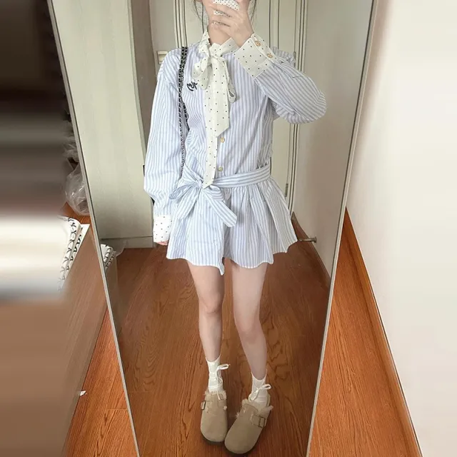 Preppy Style Long Sleeve Striped Shirt Dress Blue - Shop at LoveMi