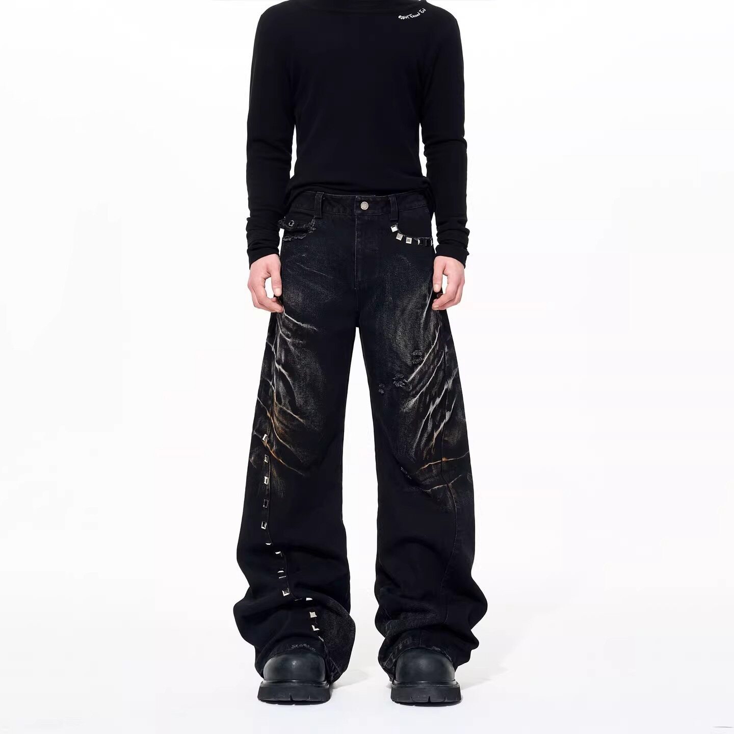High-end Design Washed And Distressed Vintage-style Loose Wide-leg Pants