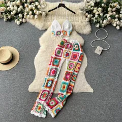 New Heavy Industry Crocheted Sling Top All-match Wide Leg Pants Retro Two-piece Set - White - View 1