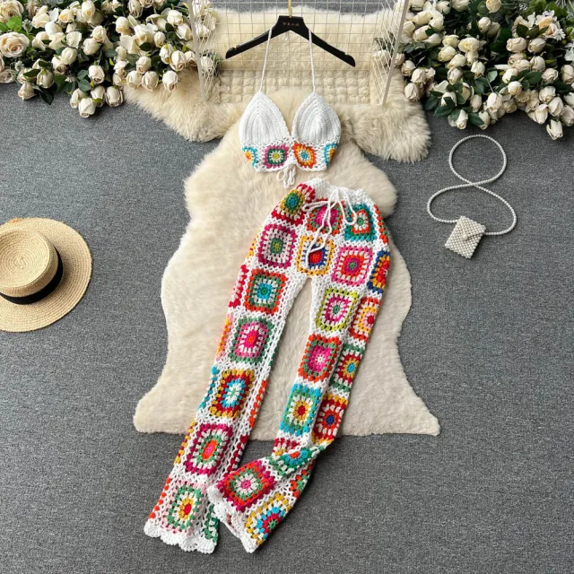 New Heavy Industry Crocheted Sling Top All match Wide Leg Pants Retro Two piece Set White - Shop at LoveMi