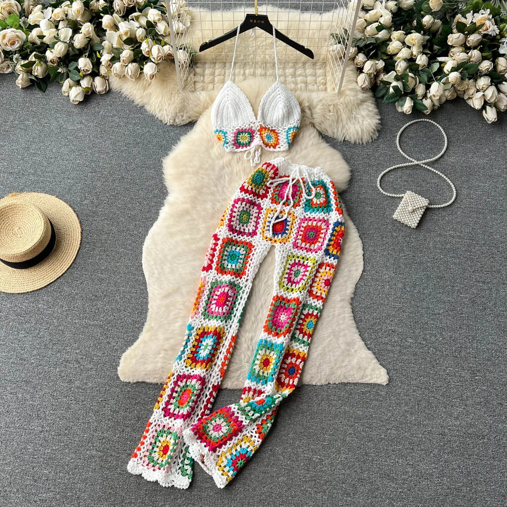New Heavy Industry Crocheted Sling Top All-match Wide Leg Pants Retro Two-piece Set - White