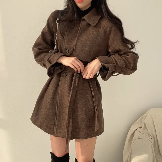 Korean Style Mid length Fashion Lace up Retro Woolen Trench Coat Coat Brown - Shop at LoveMi