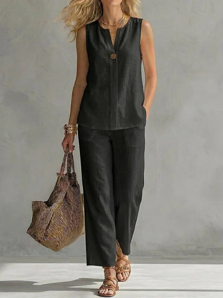 Casual Women's Sleeveless V-Neck Top & Full-Length Pants Set