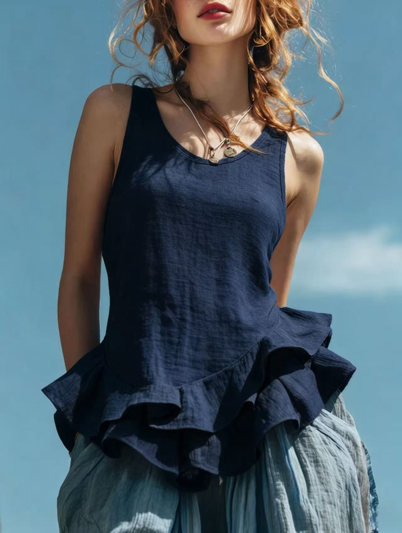 Casual Fashion Sleeveless Top With A Ruffled Hem 11