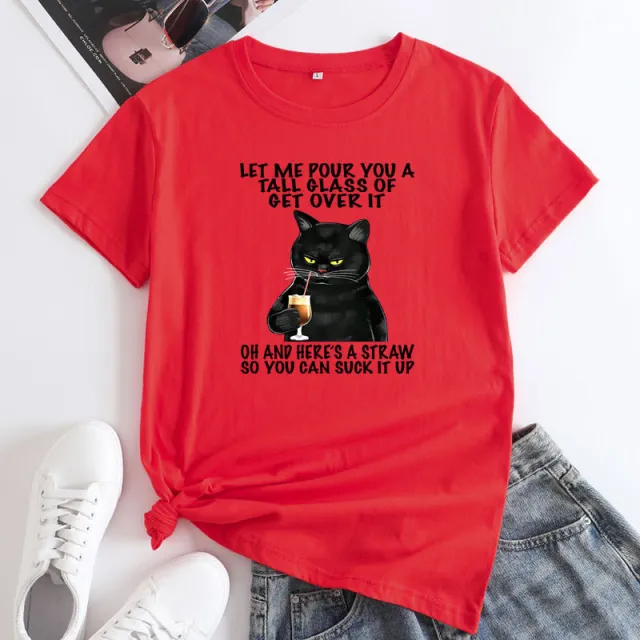 Plus Size Cat Printing Cotton Round Neck Short Sleeve Red - Shop at LoveMi
