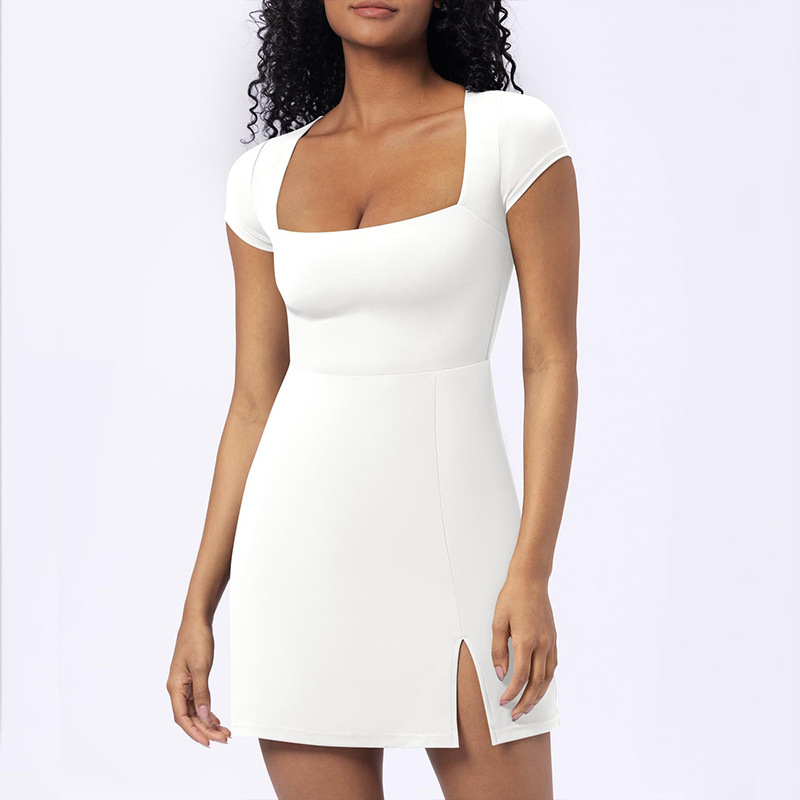 Women's Solid Color Split A line U neck Dress White - Shop at LoveMi