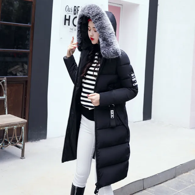 Thick Below The Knees Mid length Large Fur Collar Down Jacket Black - Shop at LoveMi