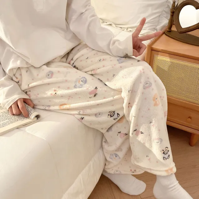 Flannel Pajamas Women Autumn Winter Fleece lined Thickened Casual Cartoon Home Pants Flower Basket Dog M - Shop at LoveMi