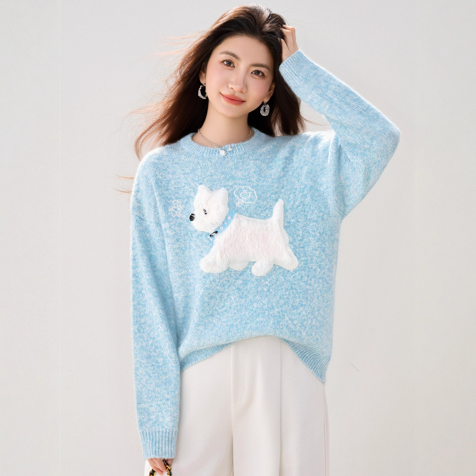 Womens Light Blue Sweet Knit Sweater For Girls