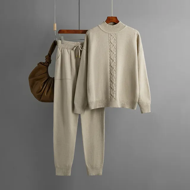 Half Turtleneck Twist Knitting Suit Casual Sweater Khaki - Shop at LoveMi
