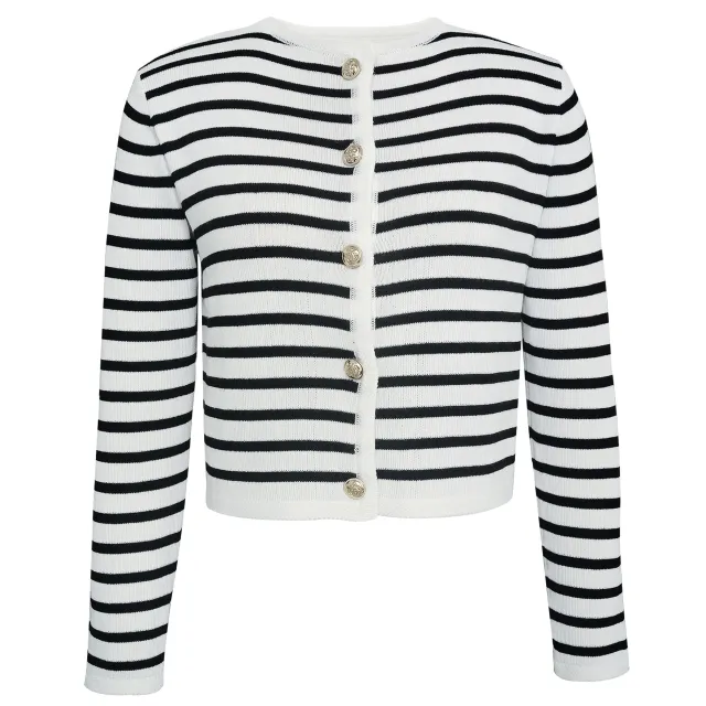 Striped Round Neck Knitted Cardigan Casual Sweater White Top - Shop at LoveMi