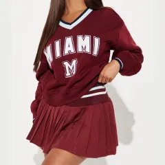Letter Printed V-neck Long-sleeved Sweater Elastic Pleated Skirt Suit - Red - View 1