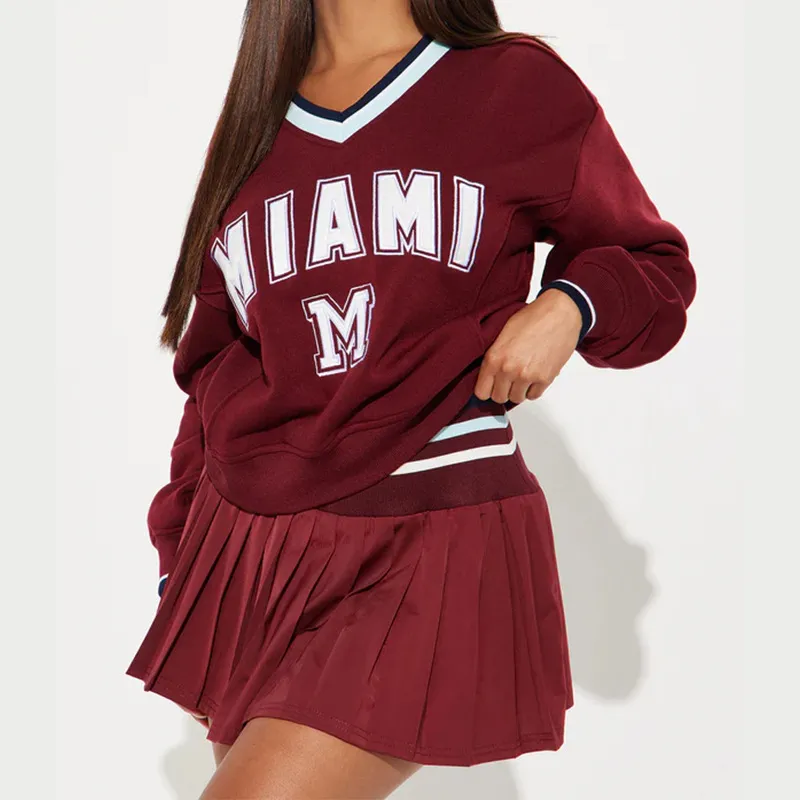 Letter Printed V-neck Long-sleeved Sweater Elastic Pleated Skirt Suit - Red