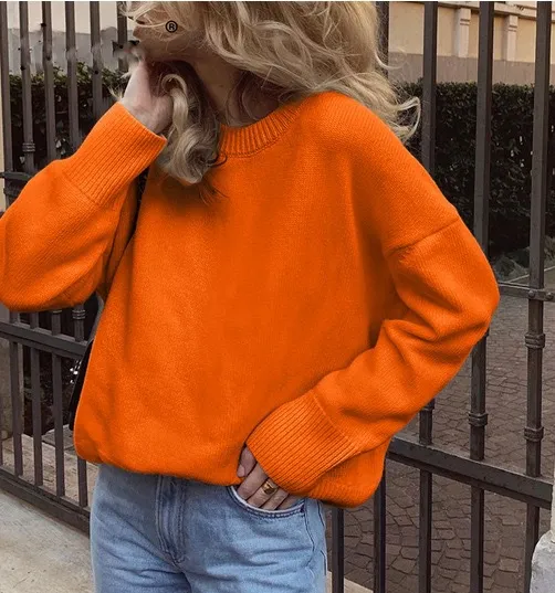Women's Double Layer Round Neck Sweater Loose Orange - Shop at LoveMi