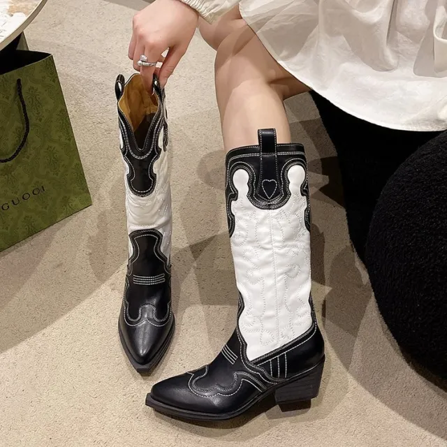 Retro Pointed toe Western Women's V Cut Embroidered Knight Chunky Heel High top Denim Long Boots Red - Shop at LoveMi
