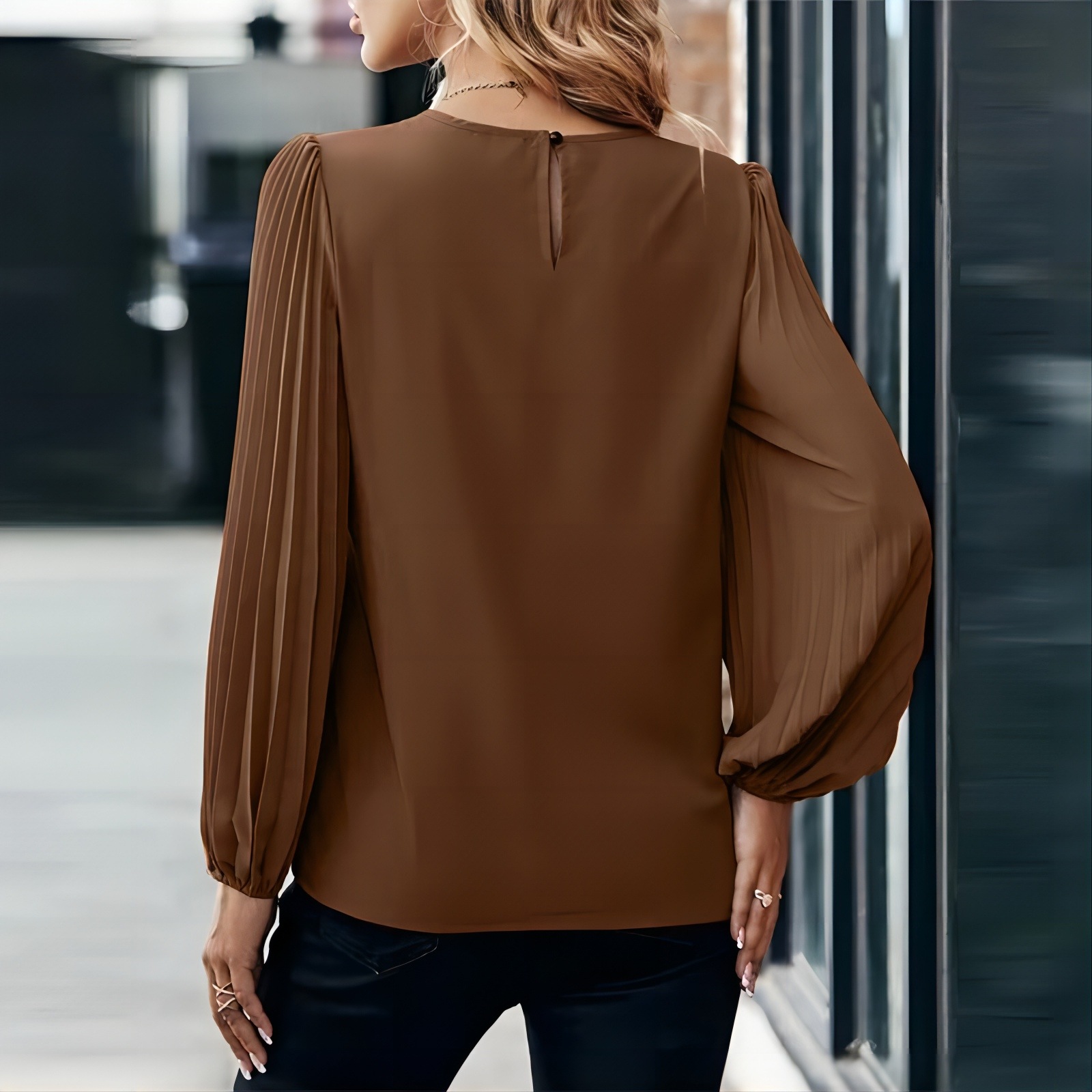 Women's Long-sleeved Shirt Round Neck Retro Solid Color
