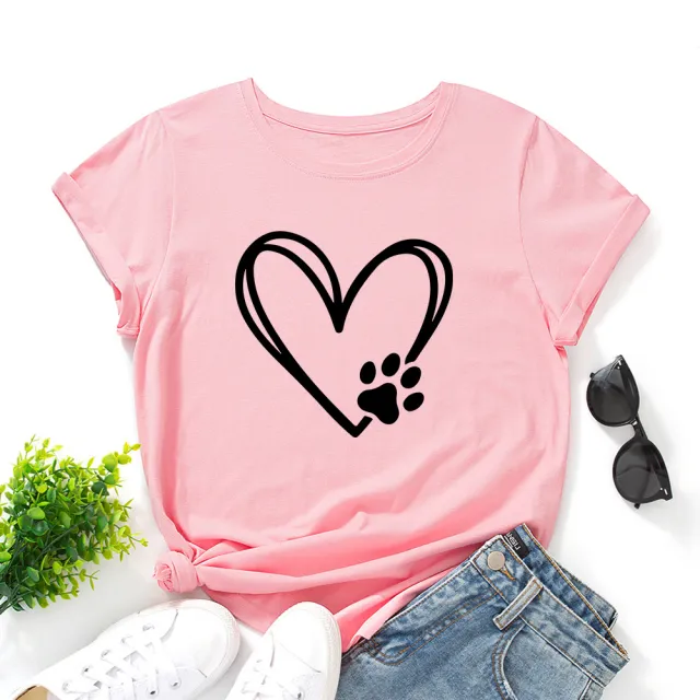 Women's Loose Round Neck Short Sleeve T shirt With Heart shaped Palm Print Dark Pink - Shop at LoveMi