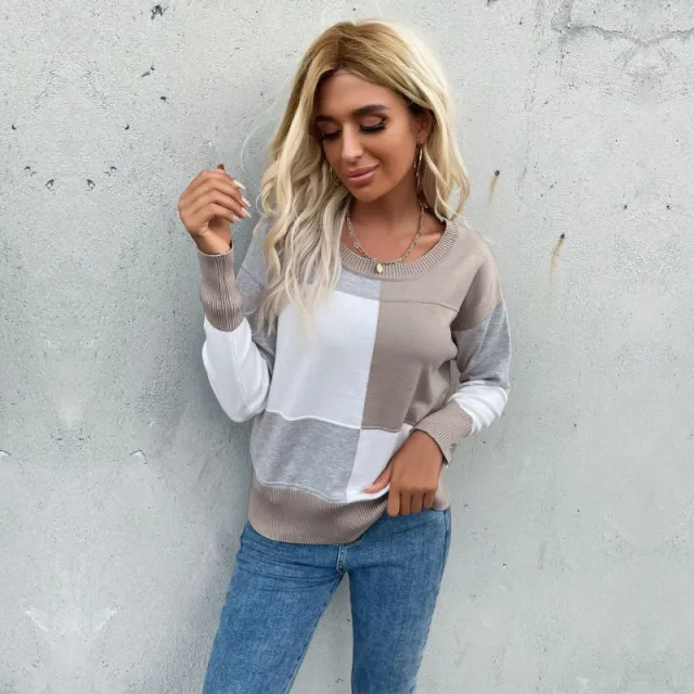 Pullover Round Neck Stitching Long Sleeve Knitted Sweater For Women Brown - Shop at LoveMi