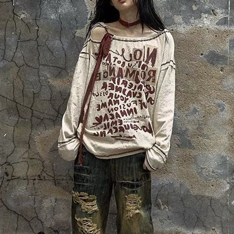 Retro Waste Soil Idle Style Distressed Long-sleeved T-shirt Top