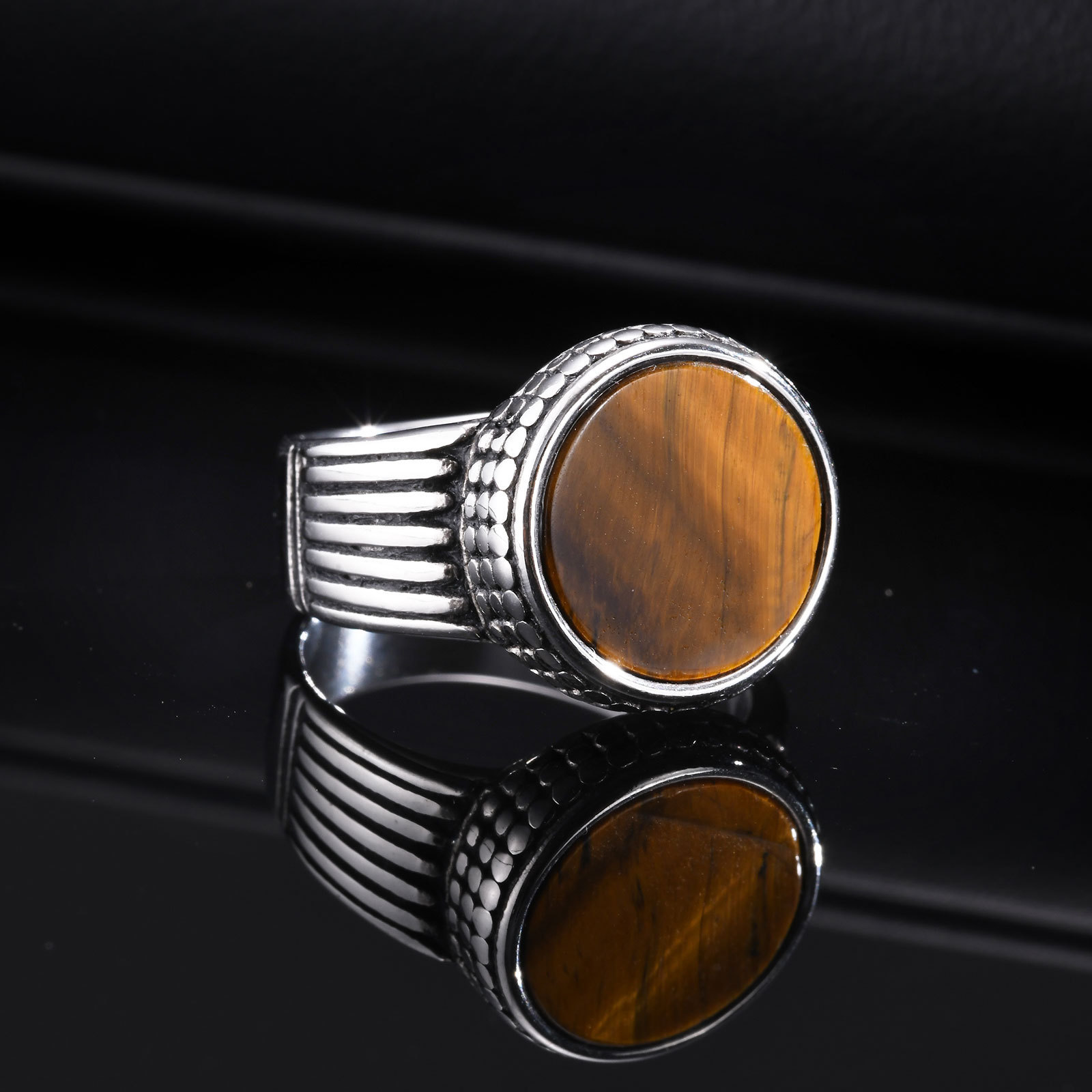 Stainless Steel Mens Tiger Eye Stone Cast Ring Vintage Style