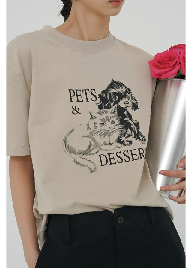 Two color Double Yarn Plain Cotton Vintage Animal Pattern Letter Short Sleeve Apricot - Shop at LoveMi