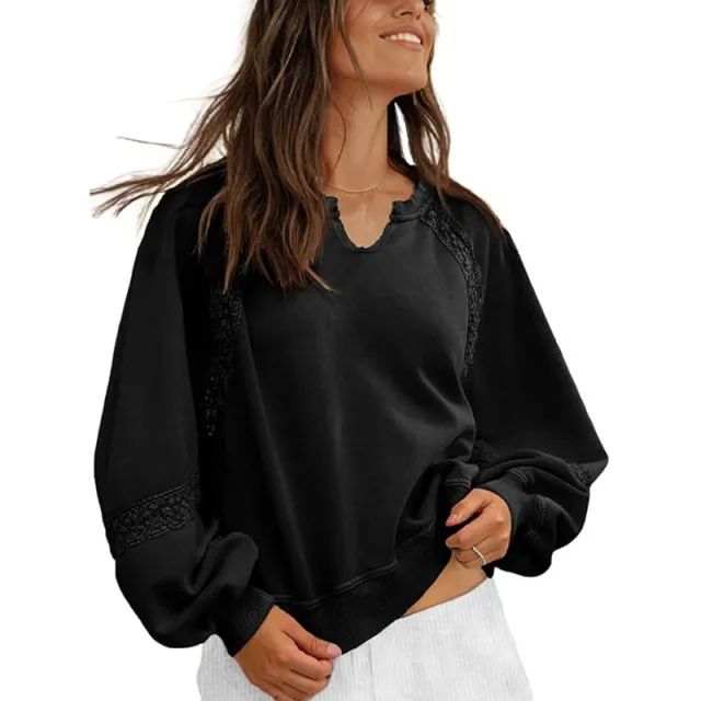 Women's Sweatshirt Casual V neck Lace Sweater Black - Shop at LoveMi