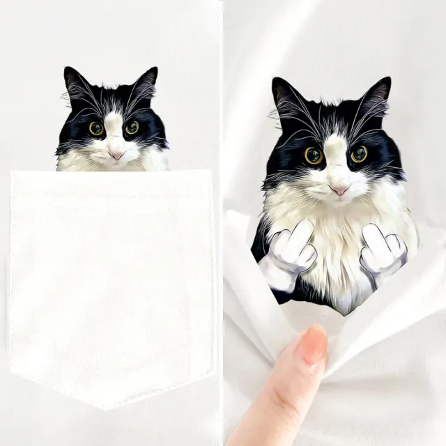 Funny Cat Double Middle Finger Print Pocket Women Short Sleeve Lining Wmt Cow Cat - Shop at LoveMi