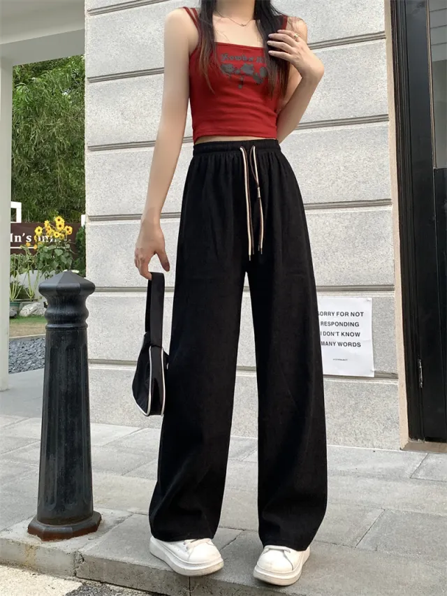 Corduroy Double Drawstring Wide leg Pants Popular Women's Straight Loose High Waist Black - Shop at LoveMi