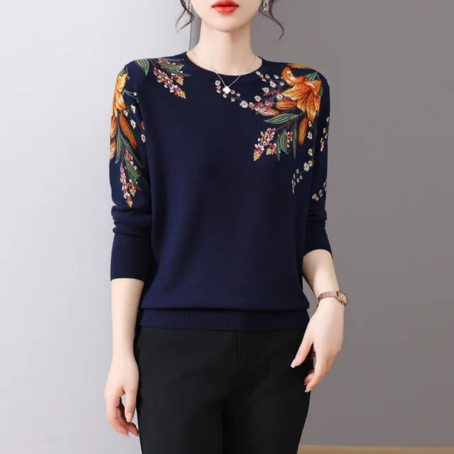 Loose Long Sleeve Idle Style Knitted Western Style Top Navy Blue - Shop at LoveMi
