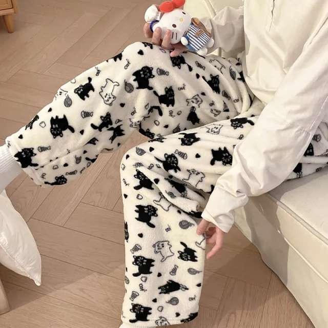 Flannel Pajamas Women Autumn Winter Fleece lined Thickened Casual Cartoon Home Pants White - Shop at LoveMi