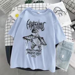 Skull Print Round Neck Loose Short Sleeves T-shirt - Blue - View 1