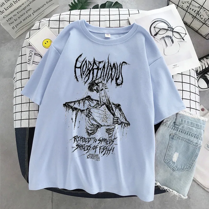 Skull Print Round Neck Loose Short Sleeves T-shirt - Blue