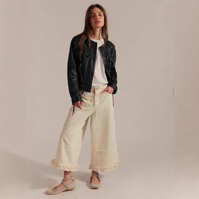 New Women's Wide leg Cropped Lace Jeans Beige - Shop at LoveMi