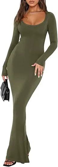 Soft Casual Long Dress With A Square Neckline And Long Sleeves Green - Shop at LoveMi